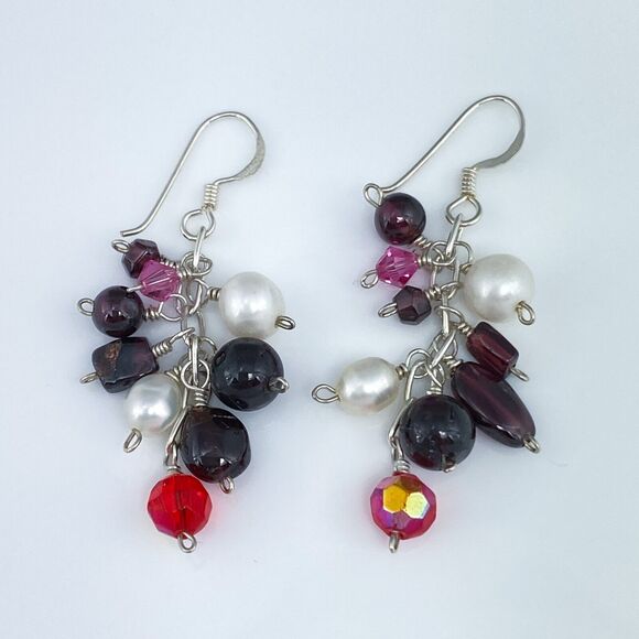 Vintage Sterling Silver 925 Red Garnet White Pearl Glass Beaded Dangle Earrings - Picture 2 of 4
